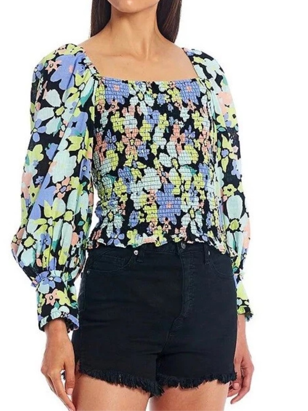 Free People Black Floral Smocked Long-Sleeve Top Size Medium